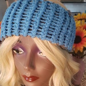 Reversible blue and grey knitted headband handmade